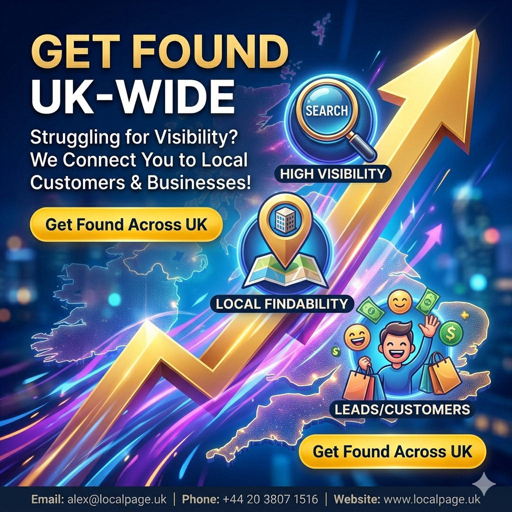 Premium 3D cinematic visual of UK business directory growth showing London skyline and interconnected icons for plumbers, restaurants, and agencies. A central "LocalPage.uk" platform connects a UK business owner to leads and multi-city exposure. CTA button "List Your Business Free" and brand footer details included.