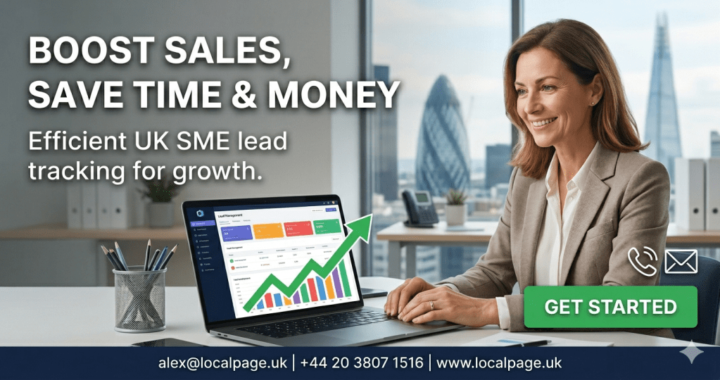 Person smiling at laptop, using lead tracking software. Graph showing upward growth trend.