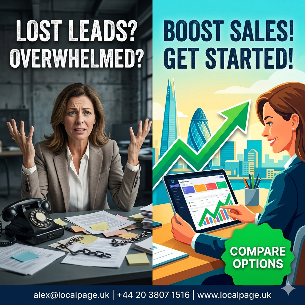 Split-screen comparison: Frustrated person struggling with messy paperwork vs. happy person effortlessly managing leads on a tablet.